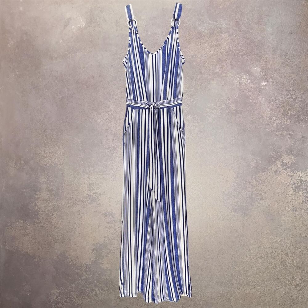 Derek Heart Belted Stretch Jumpsuit Blue & White Striped | NWT Size S